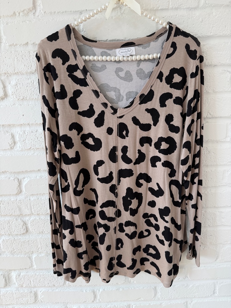 Mud Pie Taupe And Black Leopard Print Long Sleeve V-Neck Top